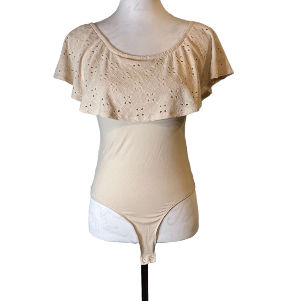 Full Circle Trends With Love Eyelet Ruffle Scoop Neck‎ Thong Bodysuit Sleeveless
